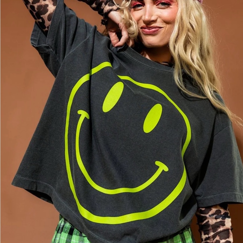 LALA Black Tee with Neon Yellow Smiley